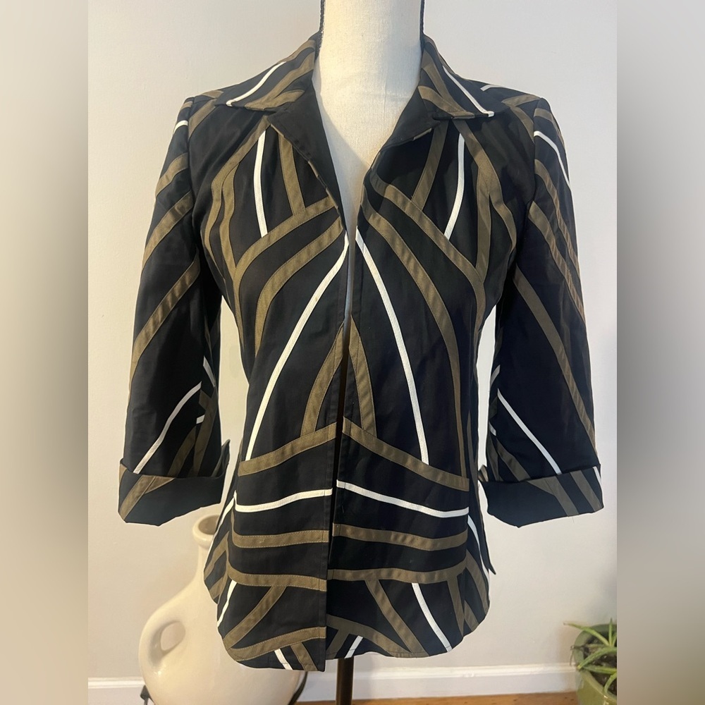 Black Button-Down Top with Olive and White Geometric Stripes - Picture 8 of 9